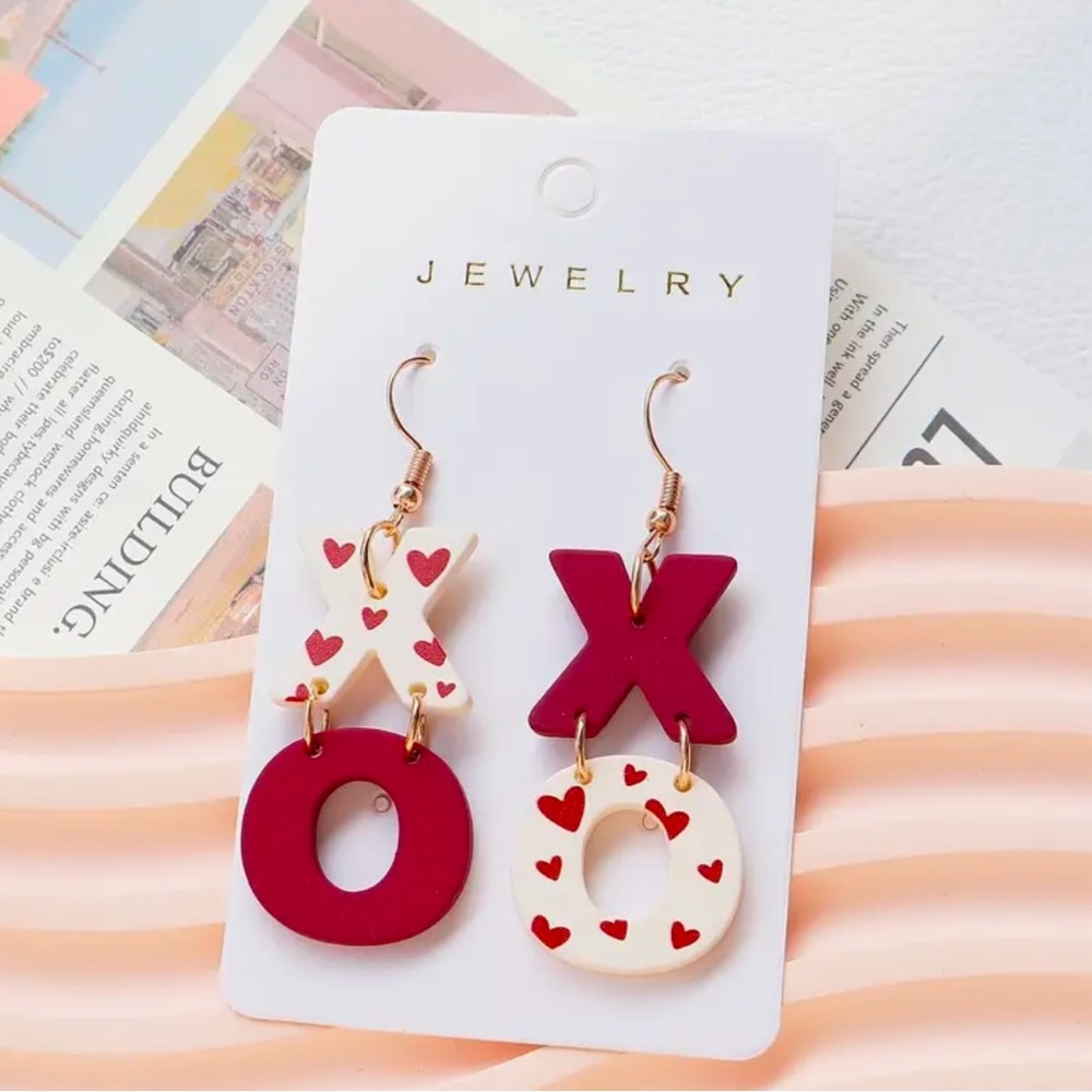 Acrylic Dangle Earrings - XO Design in Burgundy with Heart Accents